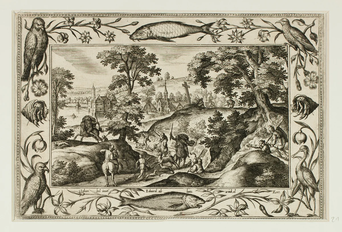 Deer Hunt, from Landscapes with Old and New Testament Scenes and Hunting Scenes by Adriaen Collaert, print, 1584