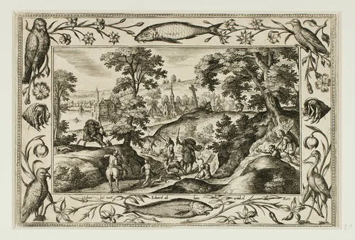 Deer Hunt, from Landscapes with Old and New Testament Scenes and Hunting Scenes by Adriaen Collaert, print, 1584