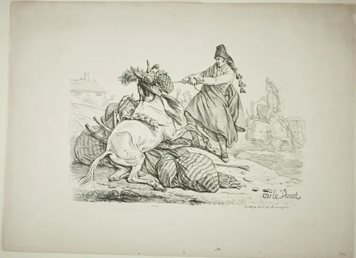 Spanish Muleteer Raising his Mule by Carle Vernet, print, 1817