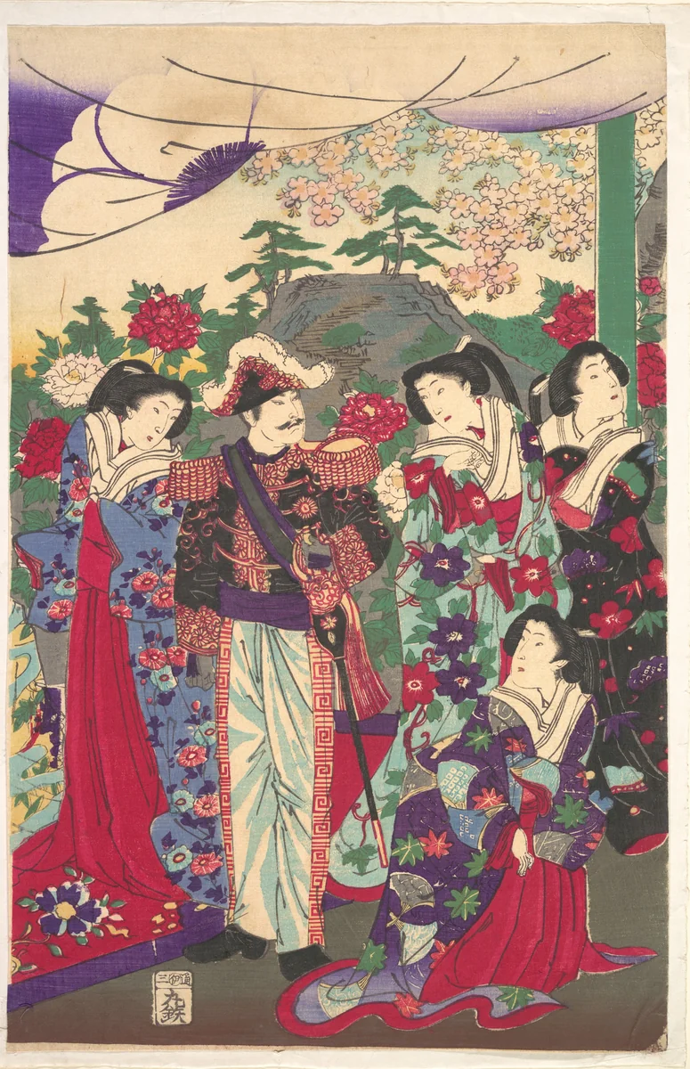Emperor among Court Ladies by Yōshū Chikanobu (楊洲周延), print, 1870-1890