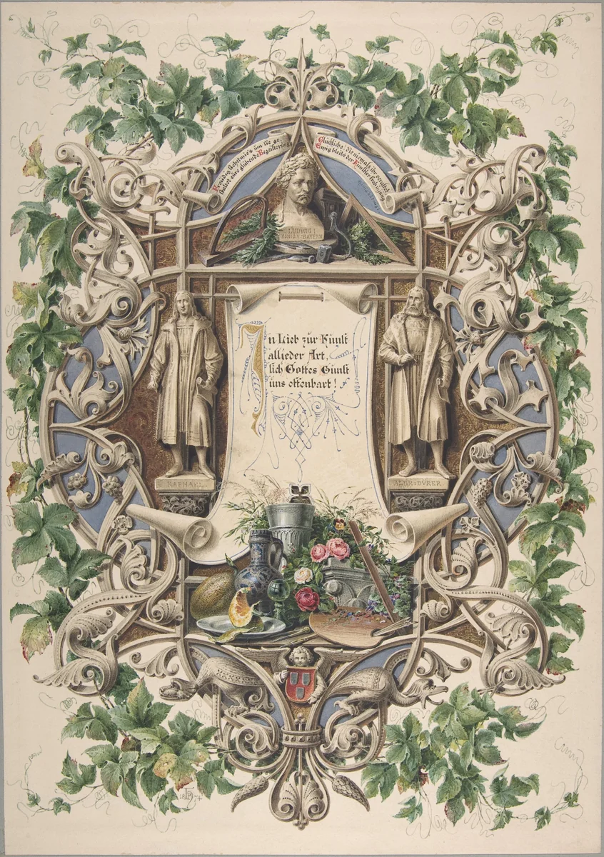 Homage from Bavarian artists to King Ludwig I by Peter Herwegen, drawing, 1874