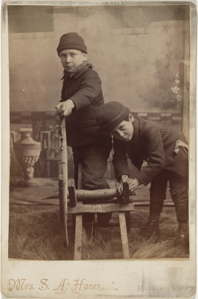 Portrait of Children Sawing Wood by Sarah Ann Hanes, photograph, 1885-1899