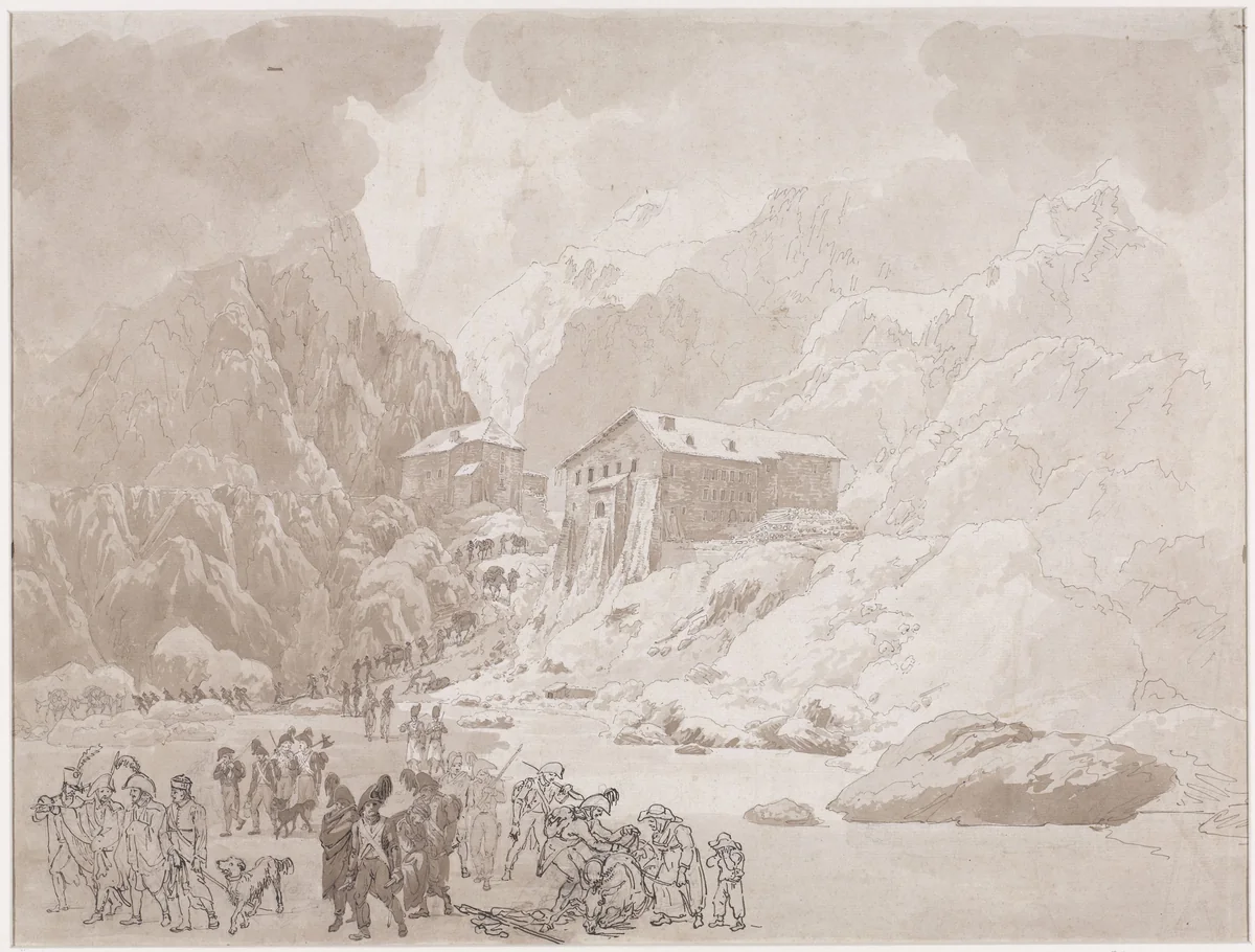 Doortocht van soldaten op de St. Bernard by Johann Christian Ernst Müller, drawing, 1800-1824