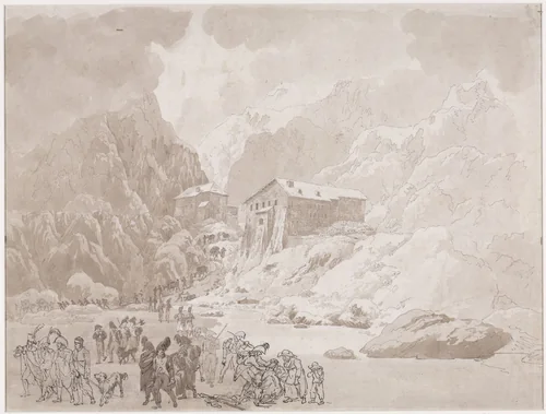 Doortocht van soldaten op de St. Bernard by Johann Christian Ernst Müller, drawing, 1800-1824