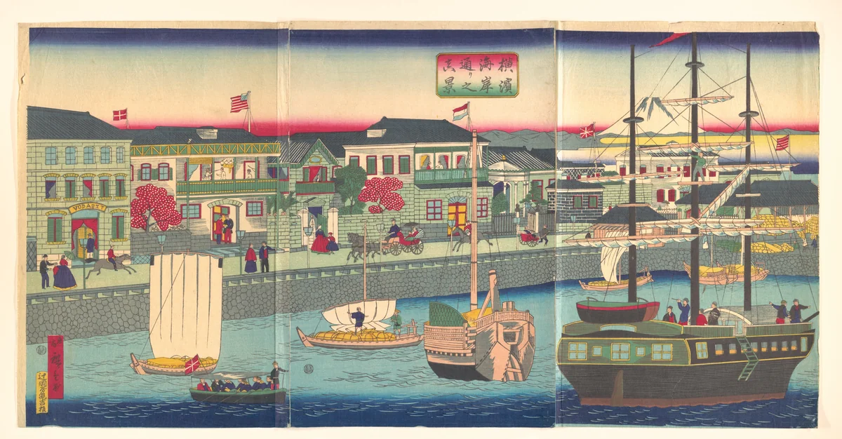 View of the Seafront in Yokohama (Yokohama Kagandori no fūkei) by Utagawa Hiroshige III, print, 1870