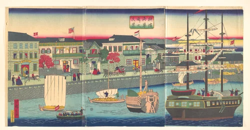 View of the Seafront in Yokohama (Yokohama Kagandori no fūkei) by Utagawa Hiroshige III, print, 1870