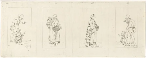 Vier voorstellingen van een staand figuur met kind by Pieter de Mare, print, 1779