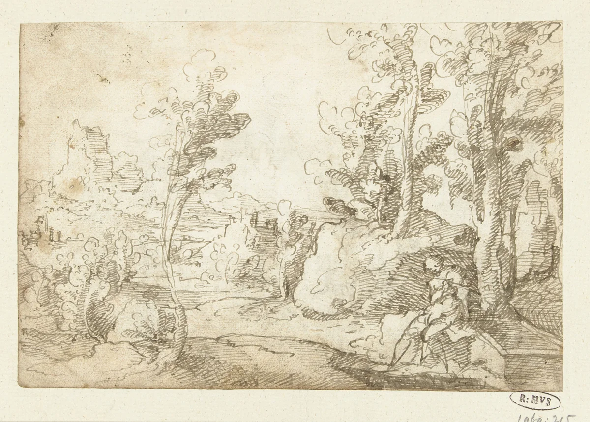 Landschap met een figuur zittend bij een waterput by Unknown, drawing, 1505-1562