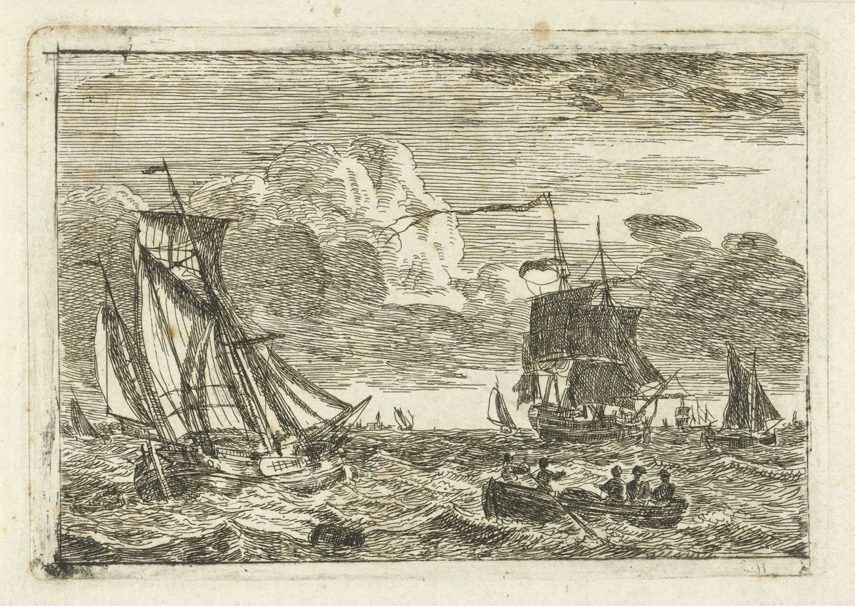 Diverse zeilschepen en een sloep op zee by Gerrit Groenewegen, print, 1764-1826