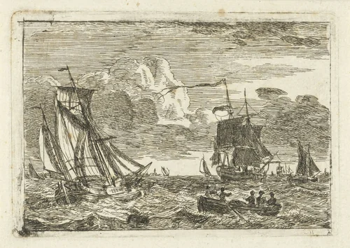 Diverse zeilschepen en een sloep op zee by Gerrit Groenewegen, print, 1764-1826