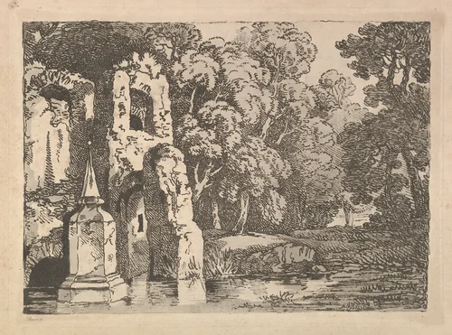 Ruins Next to a Pool in a Wooded Landscape by Thomas Rowlandson, print, 1783-1784