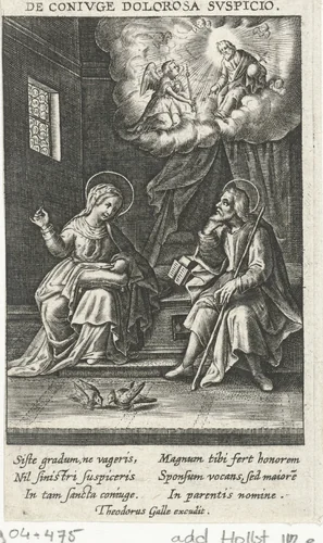 Maria vertelt Jozef over de annunciatie by Unknown, print, 1581-1633