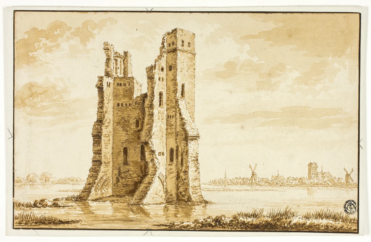 Ruins of the Merwede Manor seen from the Front with Dordrecht in the Background by Abraham Rademaker, drawing, 1695-1735