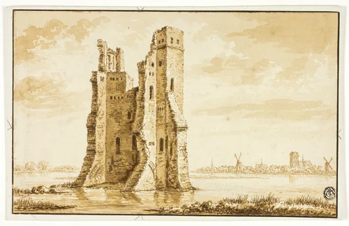 Ruins of the Merwede Manor seen from the Front with Dordrecht in the Background by Abraham Rademaker, drawing, 1695-1735