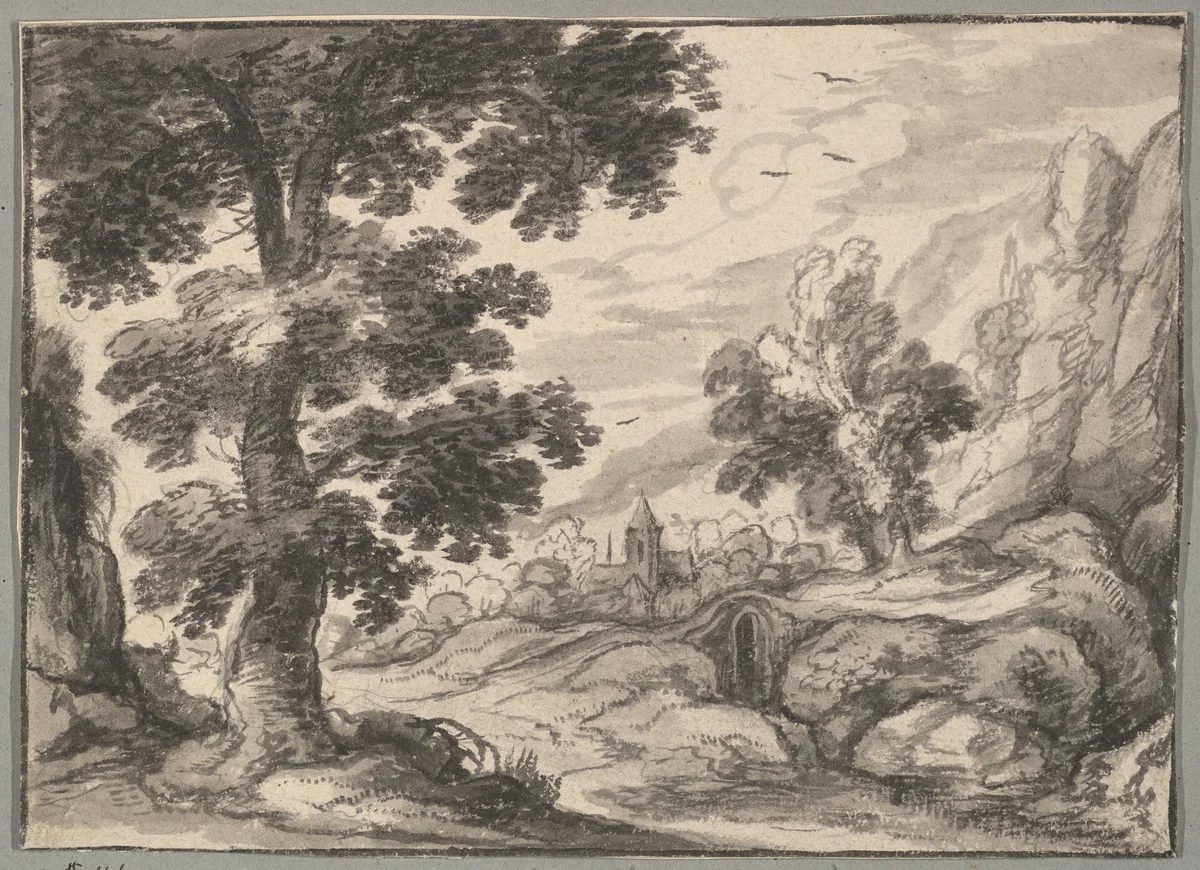 Landscape with a Bridge and a Village Church by anonymous, drawing, 1600