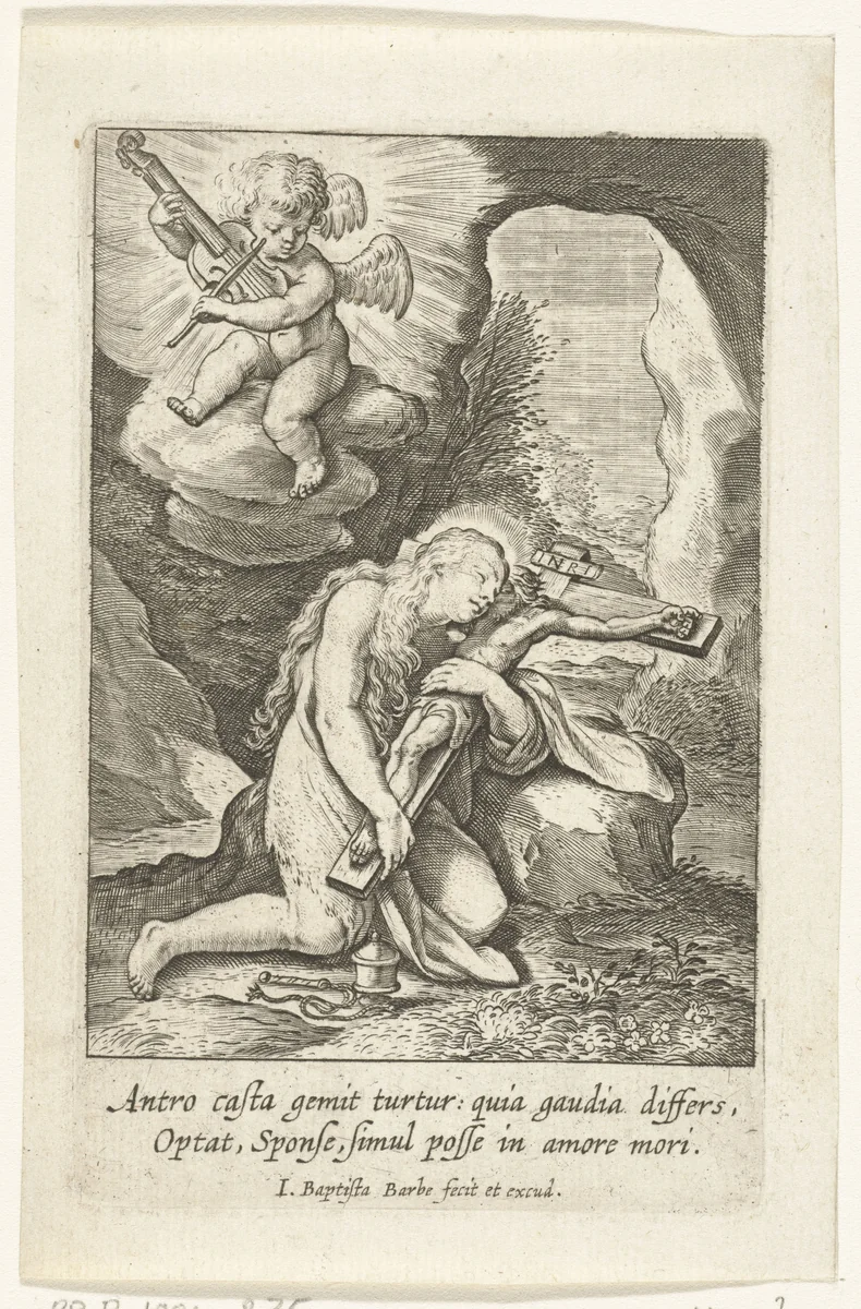 Maria Magdalena berouwvol met crucifix in haar armen in grot by Unknown, print, 1588-1648