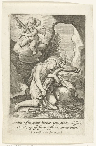 Maria Magdalena berouwvol met crucifix in haar armen in grot by Unknown, print, 1588-1648