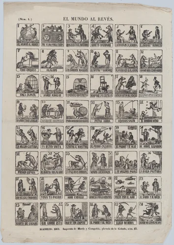 Broadside with 48 scenes relating to the world upside down by José María Marés, print, 1864