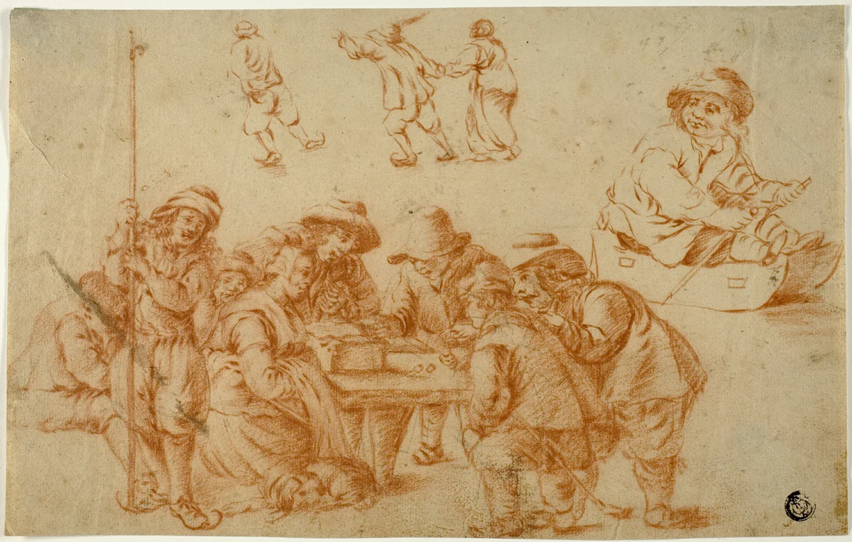 Sketches of Peasants Playing Dice and Skating; Sketch of Boy on Sled by Adriaen van Ostade, drawing, 1630-1685