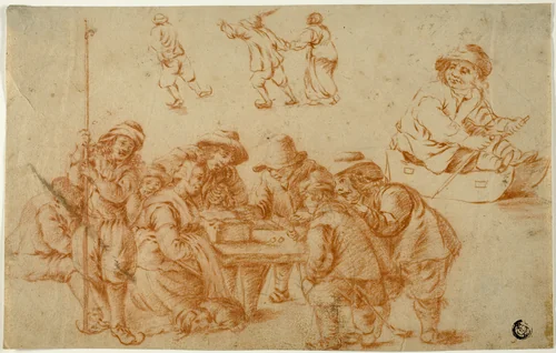 Sketches of Peasants Playing Dice and Skating; Sketch of Boy on Sled by Adriaen van Ostade, drawing, 1630-1685