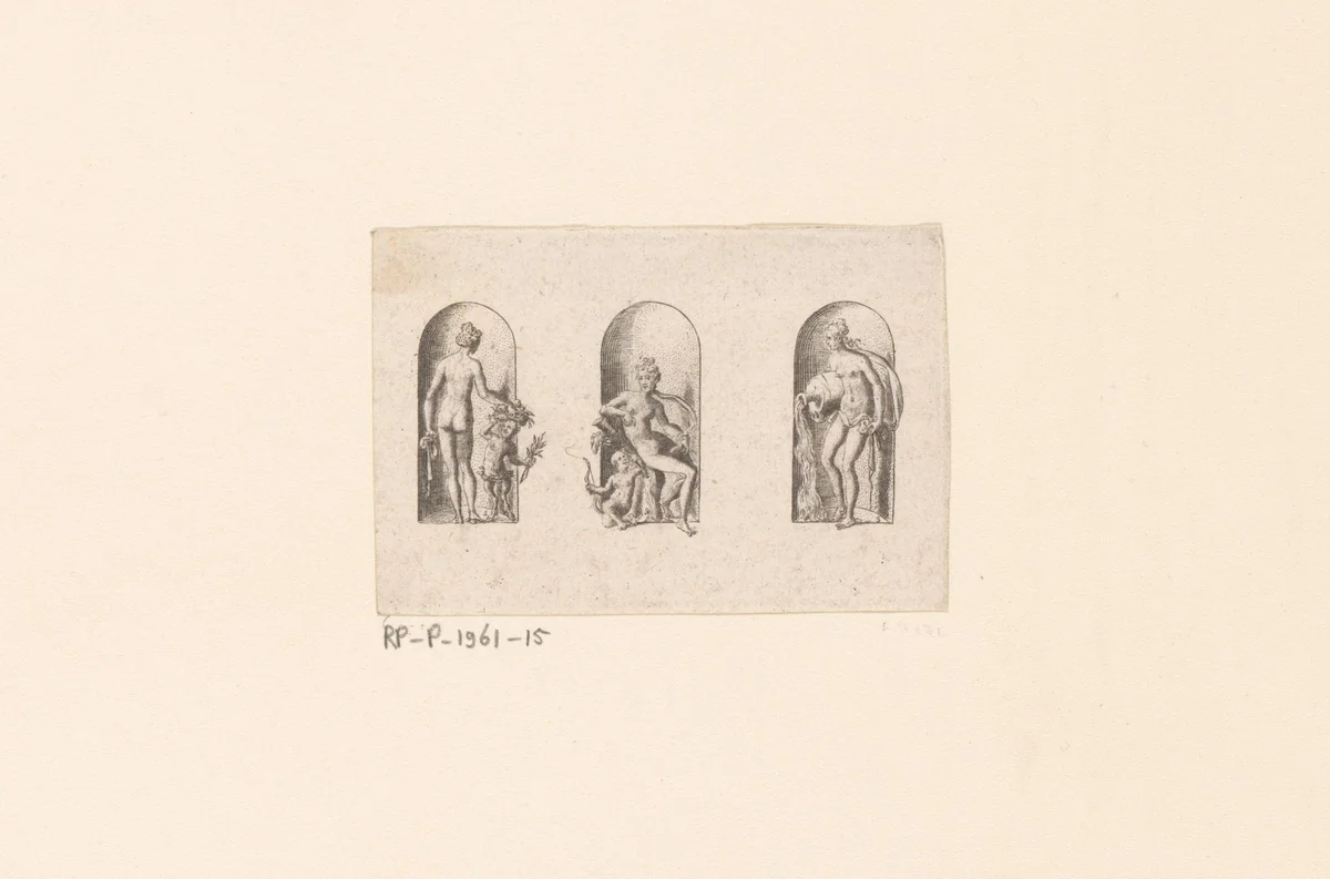 Drie nissen met Flora met een sater, Venus met Amor en een nimf by Unknown, print, 1578