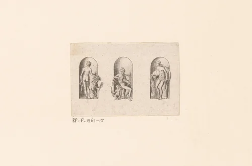 Drie nissen met Flora met een sater, Venus met Amor en een nimf by Unknown, print, 1578