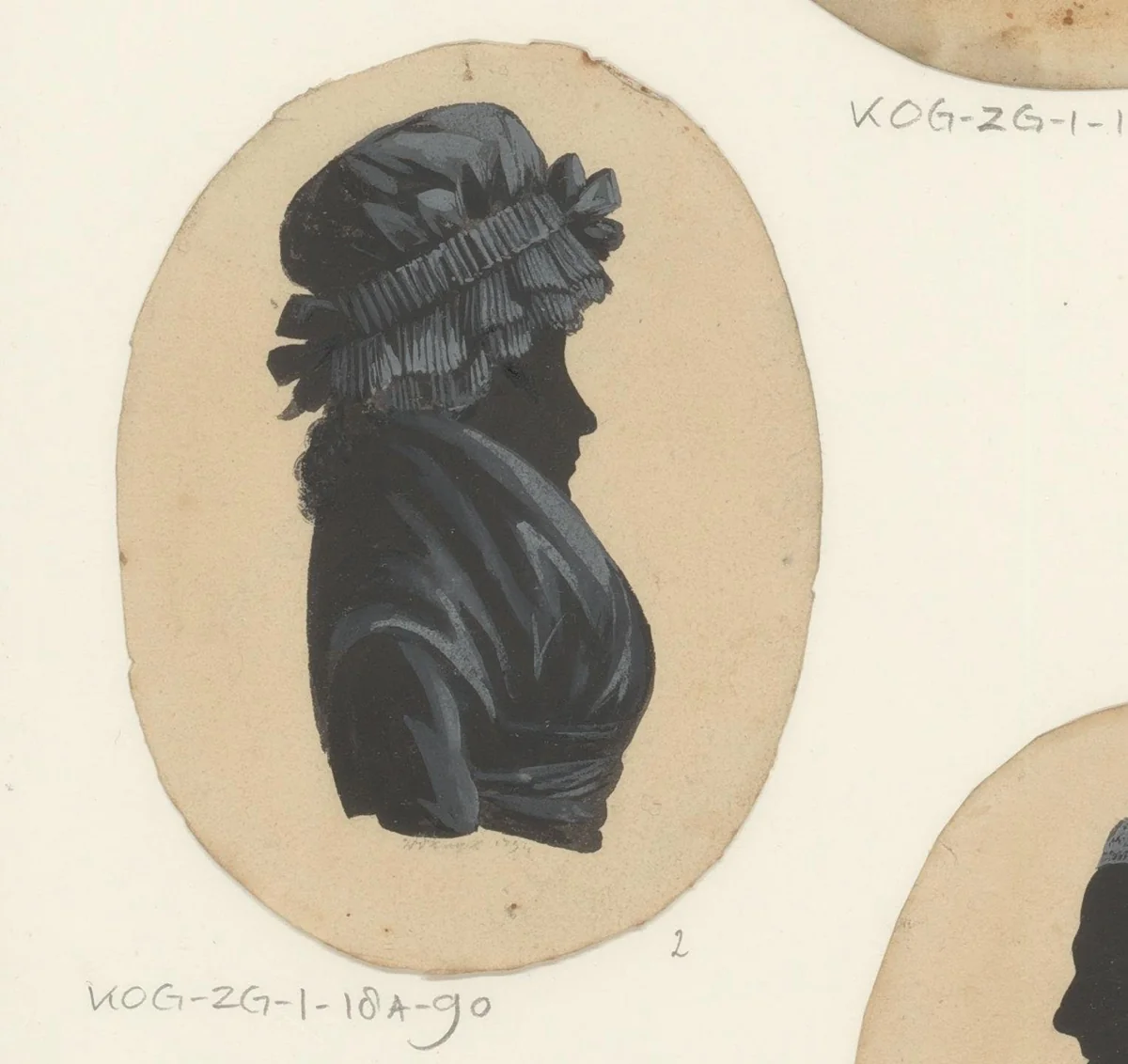 Silhouetportret van een onbekende vrouw met muts met franjes by H. van Kuyk, drawing, 1794