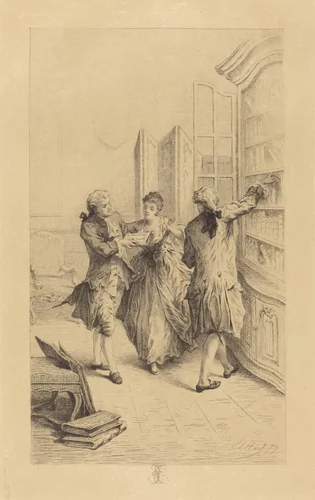 Interior with Two Gentlemen and a Lady by Ed. ? Heil, print, 1879