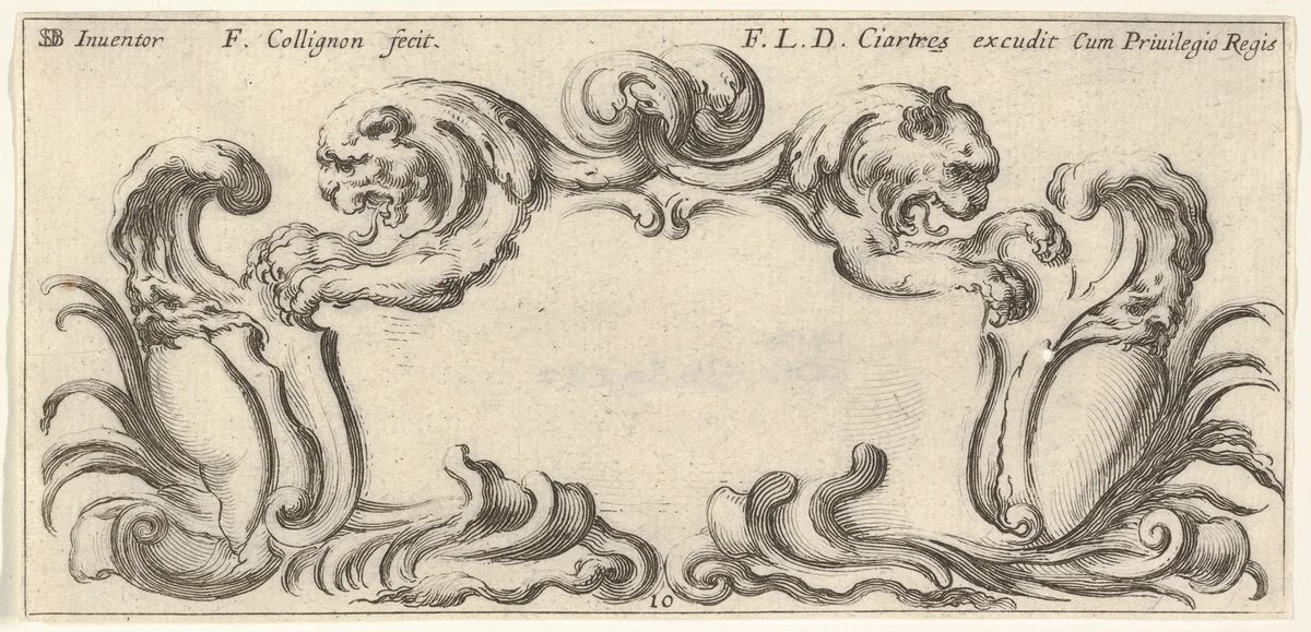 Plate 10: a cartouche with the heads of two lions in profile to left and right in the center, two chimera heads to either side below with their mouths around empty escutcheons, from "Twelve cartouches" (Recueil de douze cartouches) by François Collignon, print, 1640-1645