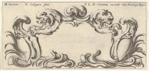 Plate 10: a cartouche with the heads of two lions in profile to left and right in the center, two chimera heads to either side below with their mouths around empty escutcheons, from "Twelve cartouches" (Recueil de douze cartouches) by François Collignon, print, 1640-1645