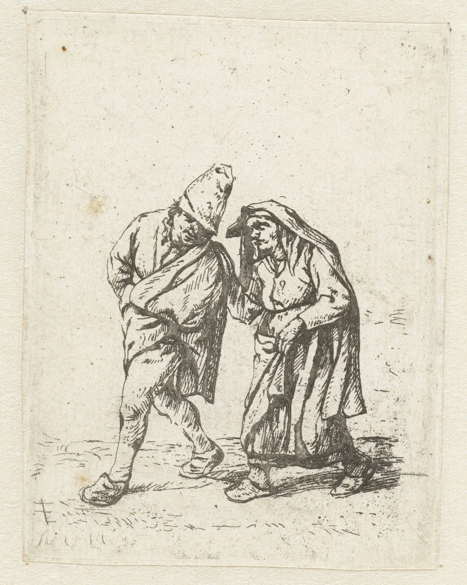Wandelend boerenpaar by anonymous, print, 1646-1745