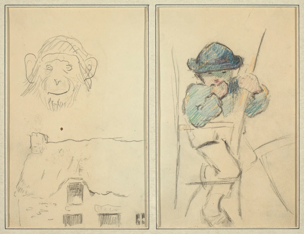 Monkey and Cottage; Little Breton Boy [recto] by Paul Gauguin, drawing, 1884-1888