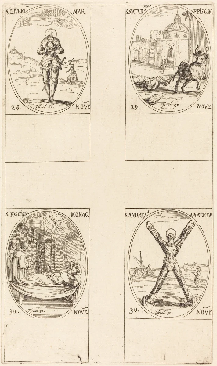 St. Liverius; St. Saturninus; St. Joscion; St. Andrew by Jacques Callot, print, 1627-1637