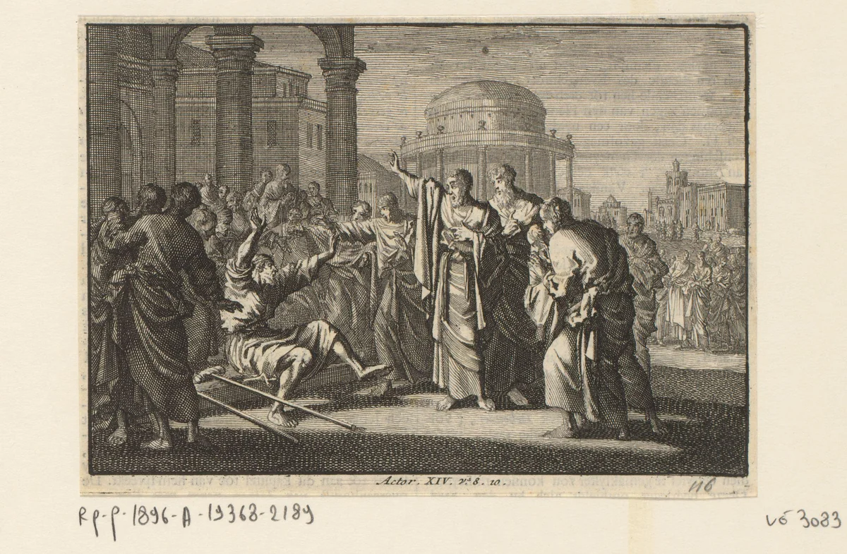 Paulus geneest de man die niet kon lopen by Jan Luyken, print, 1703-1762
