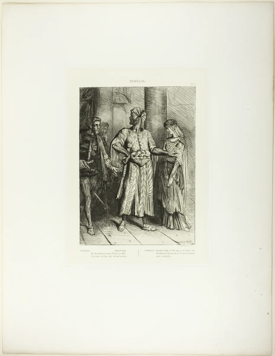 Honest Iago, Desdemona Must I Leave to Thee, plate 4 (act 1, scene 3), from Othello by Théodore Chassériau, print, 1844