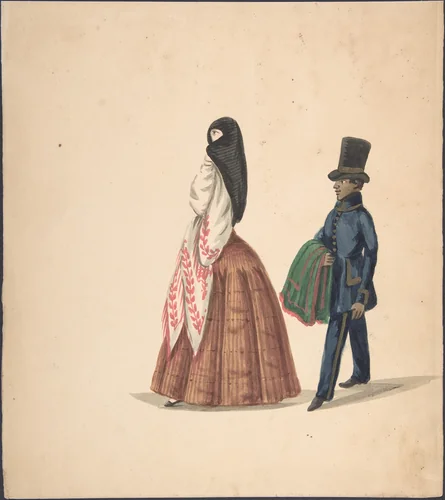 A Woman, Followed by Her Servant by anonymous, drawing, 1840-1850