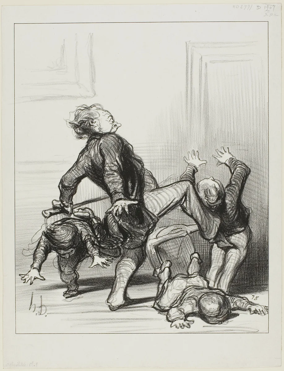 The Influence of the Peace Congress. “Oh you scoundrels, you are fighting again... you still don't know that man should live in peace and be master of himself,” plate 8 from Actualités by Honoré-Victorin Daumier, print, 1849