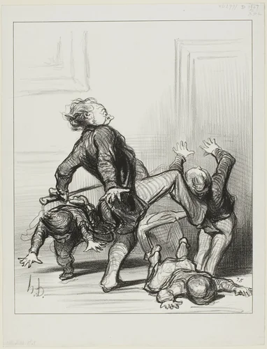 The Influence of the Peace Congress. “Oh you scoundrels, you are fighting again... you still don't know that man should live in peace and be master of himself,” plate 8 from Actualités by Honoré-Victorin Daumier, print, 1849