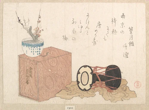 Still life: a drum and a bookcase for the Noh Dance by Kubo Shunman (窪俊満), print, 1757-1820