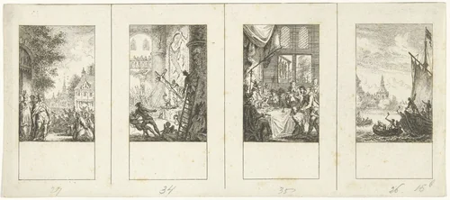 Vier episodes uit de vaderlandse geschiedenis by Simon Fokke, print, 1722-1784
