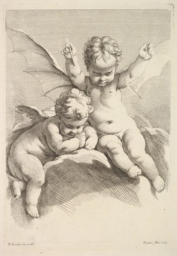 Two Cupids, One with Bat Wings by Jacques Gabriel Huquier, print, 1745-1800