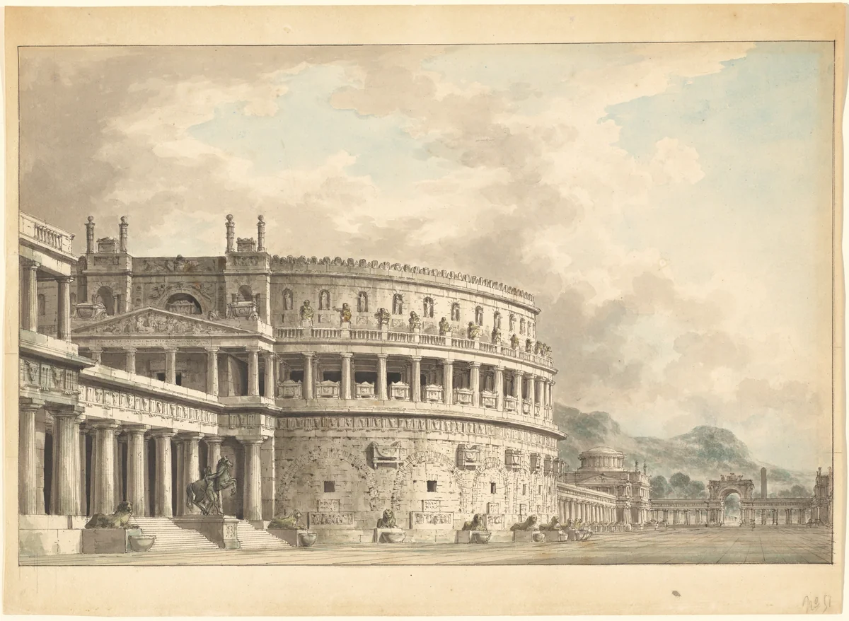 Architectural Fantasy of a Magnificent Ancient Mausoleum by Giuseppe Borsato; Alessandro Sanquirico, drawing, 1815-1820