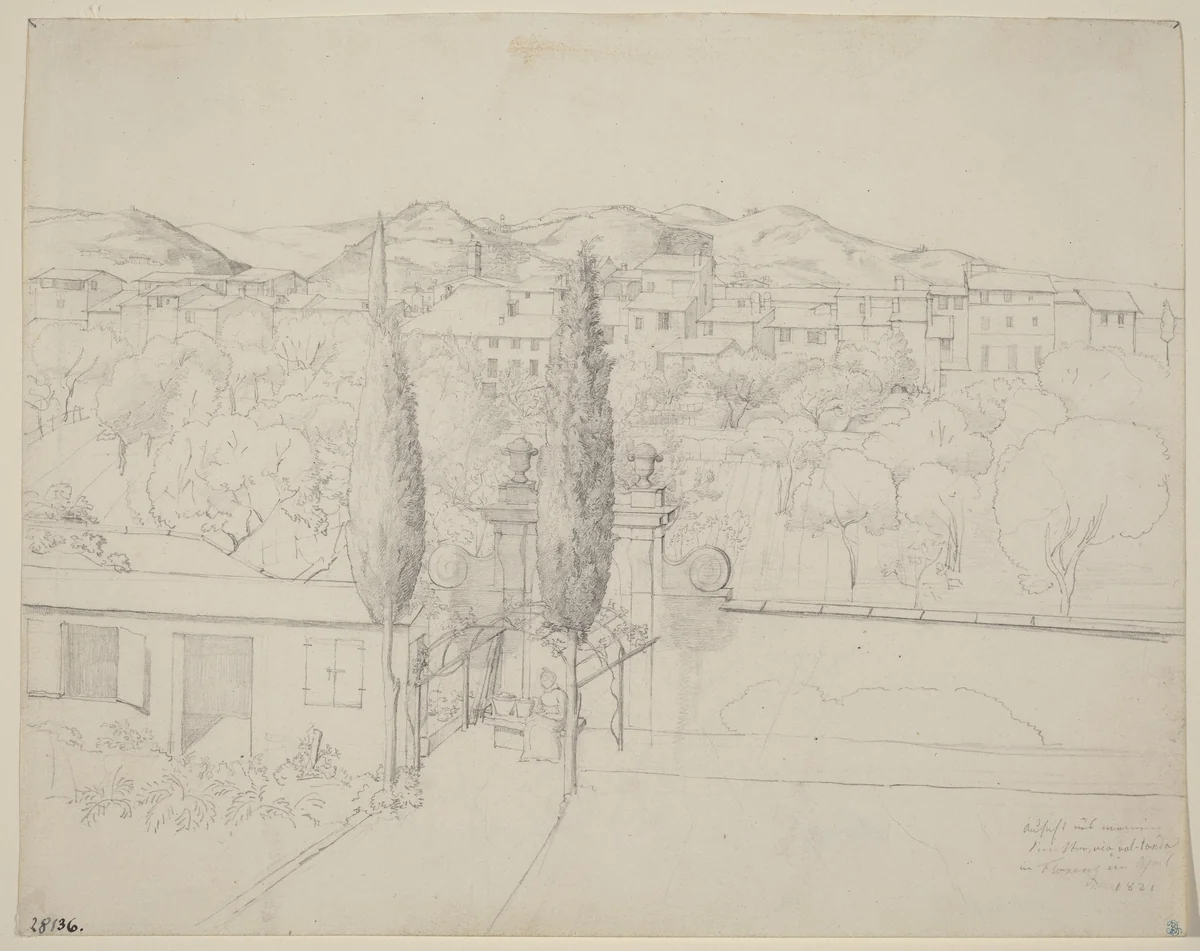 Aussicht aus meinem Fenster, via valfonda in Florenz (Gardens in Florence Seen from the Artist's Window) by Anton Krüger, drawing, 1821