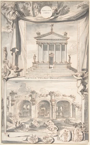 A Reconstruction of the Templum Pacis (above) and a View of the Ruins (below) by Jan Goeree, drawing, 1690-1704