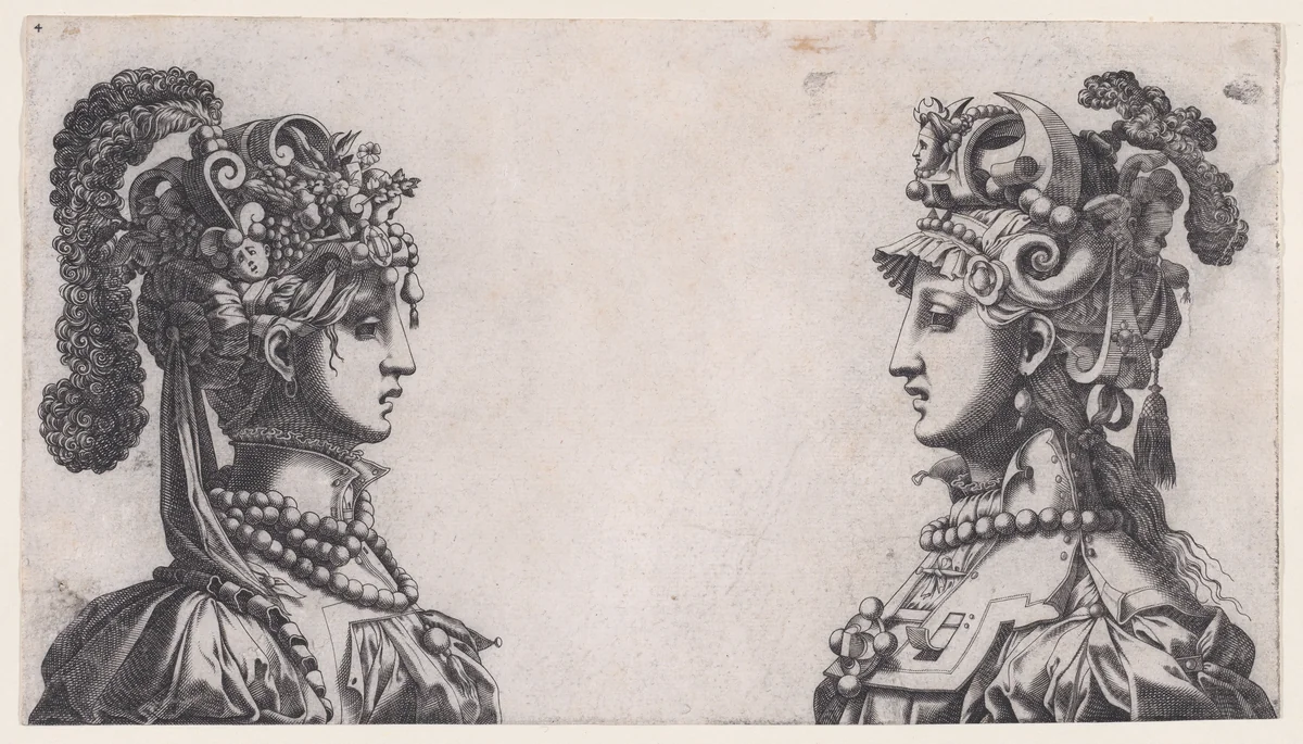 Busts of Two Women Wearing Fantastical Head-dresses by René Boyvin, print, 1520-1630