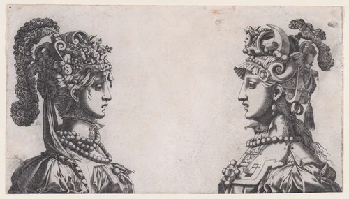 Busts of Two Women Wearing Fantastical Head-dresses by René Boyvin, print, 1520-1630
