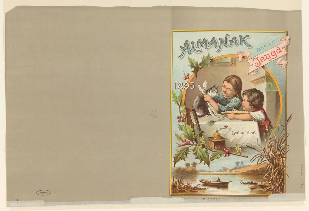 Jongen en meisje spelend met kat by anonymous, print, 1895