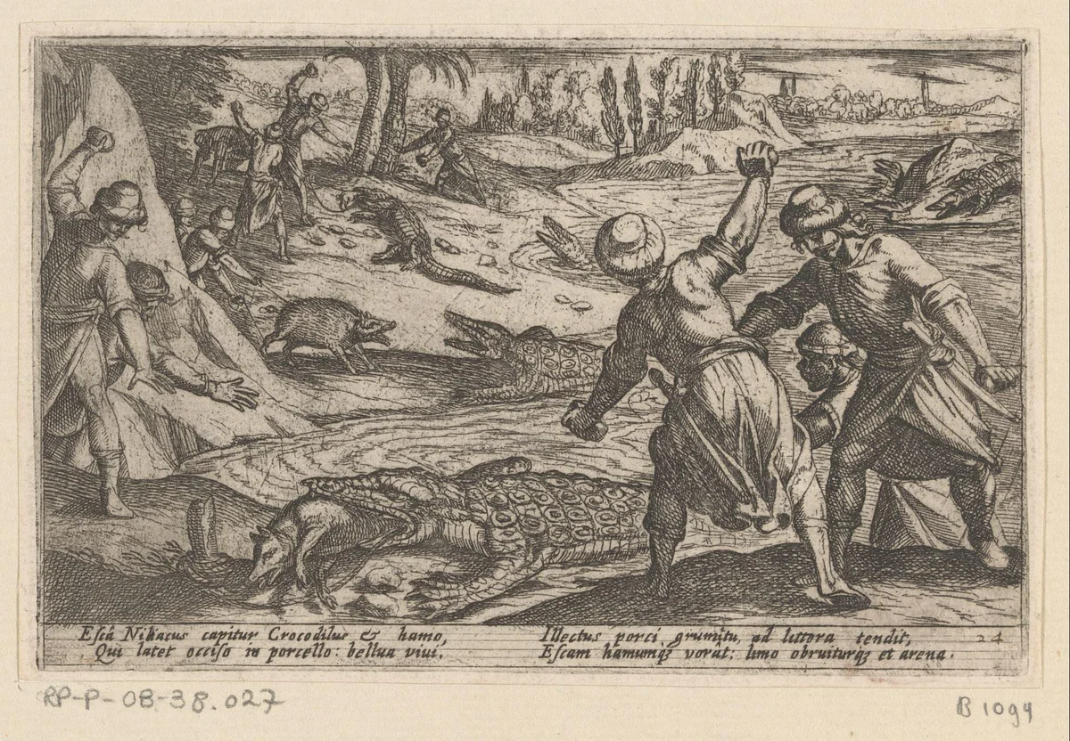 Jagers doden krokodillen en gebruiken everzwijnen als lokaas by Antonio Tempesta, print, 1602