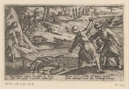 Jagers doden krokodillen en gebruiken everzwijnen als lokaas by Antonio Tempesta, print, 1602