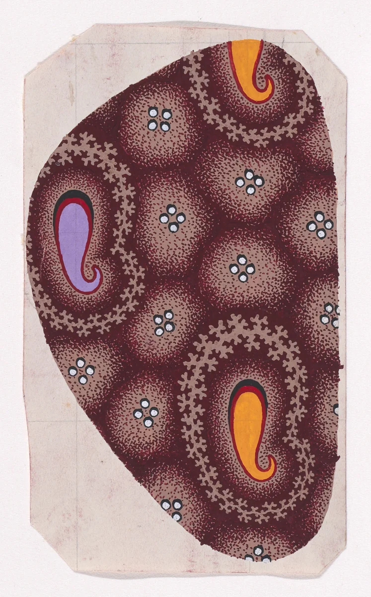 Textile Design with Paisley-Inspired Teardrops Framed by Garlands of Branches over an Abstract Honeycomb Pattern Decorated with Pearls by anonymous, drawing, 1840